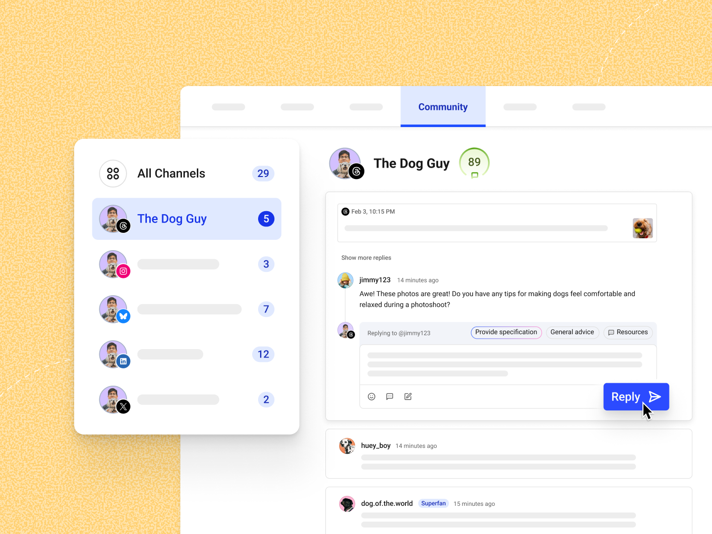 Dashboard showing an 85 comment score with response rate, response speed, and consistency metrics, highlighting buffer community engagement performance.