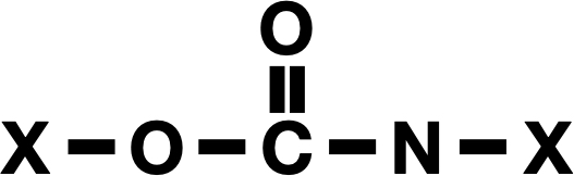 Image of a set of chemical bonds. From left to right there is an X, then a single bond to an oxygen, then a single bond to an oxygen that's double-bonded to carbon, then a single bond to a nitrogen, then a single bond to another X.