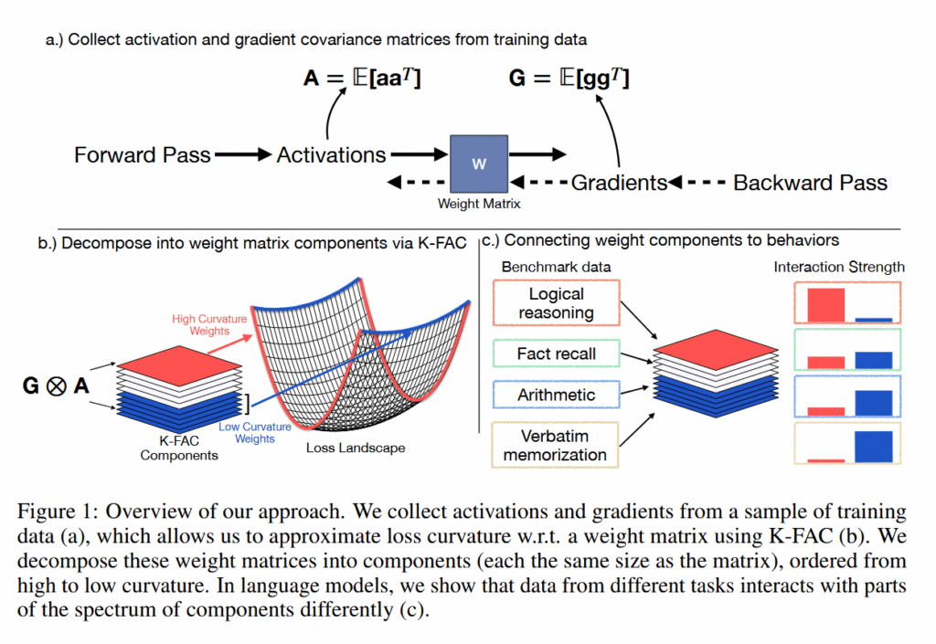 Figure 1: Overview of our approach. We collect activations and gradients from a sample of training data (a), which allows us to approximate loss curvature w.r.t. a weight matrix using K-FAC (b). We decompose these weight matrices into components (each the same size as the matrix), ordered from high to low curvature. In language models, we show that data from different tasks interacts with parts of the spectrum of components differently (c).
