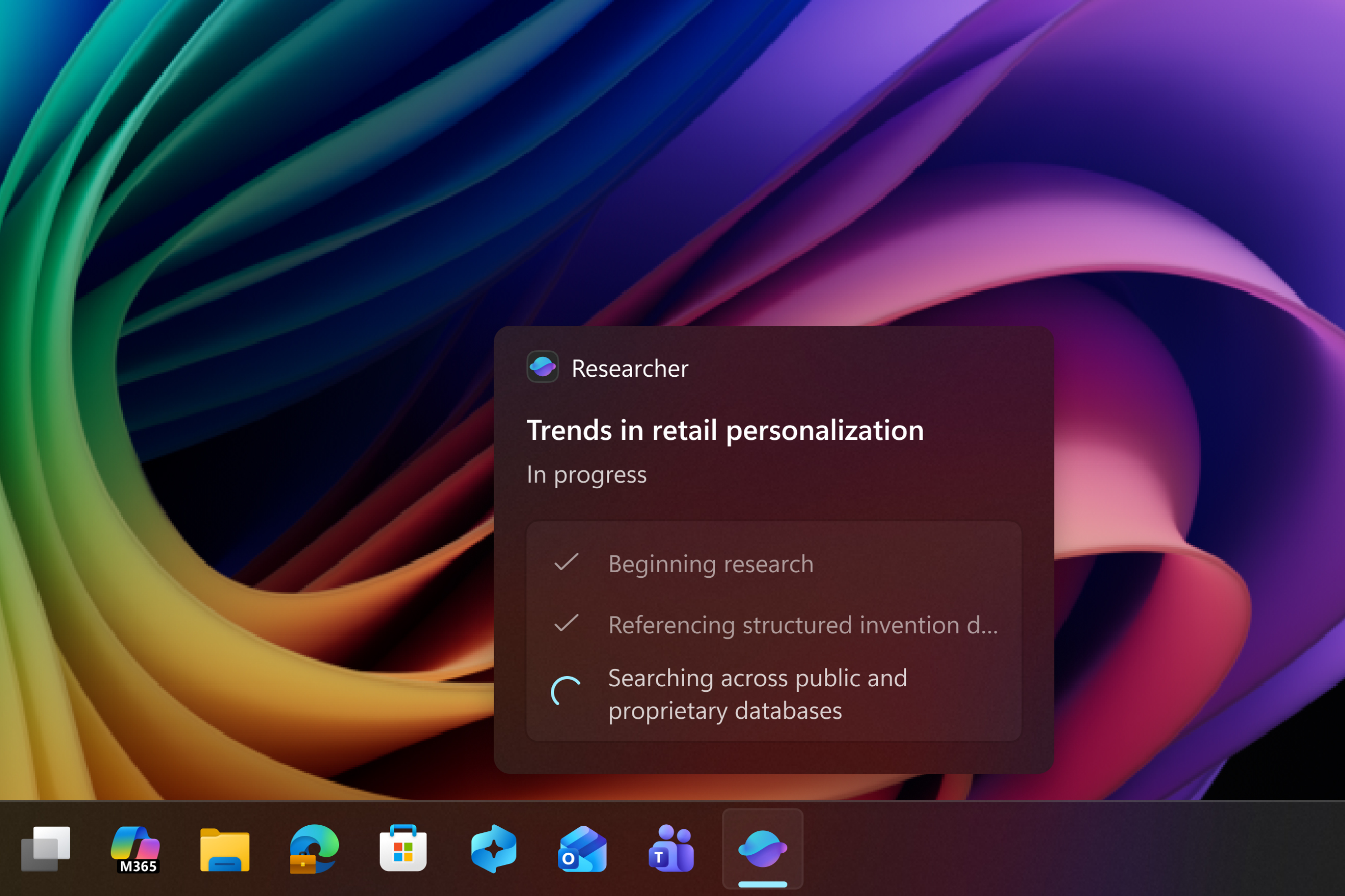 Screenshot of upcoming Windows feature, an Agentic AI called Researcher, pulling up results for something called Trends in retail personalization.