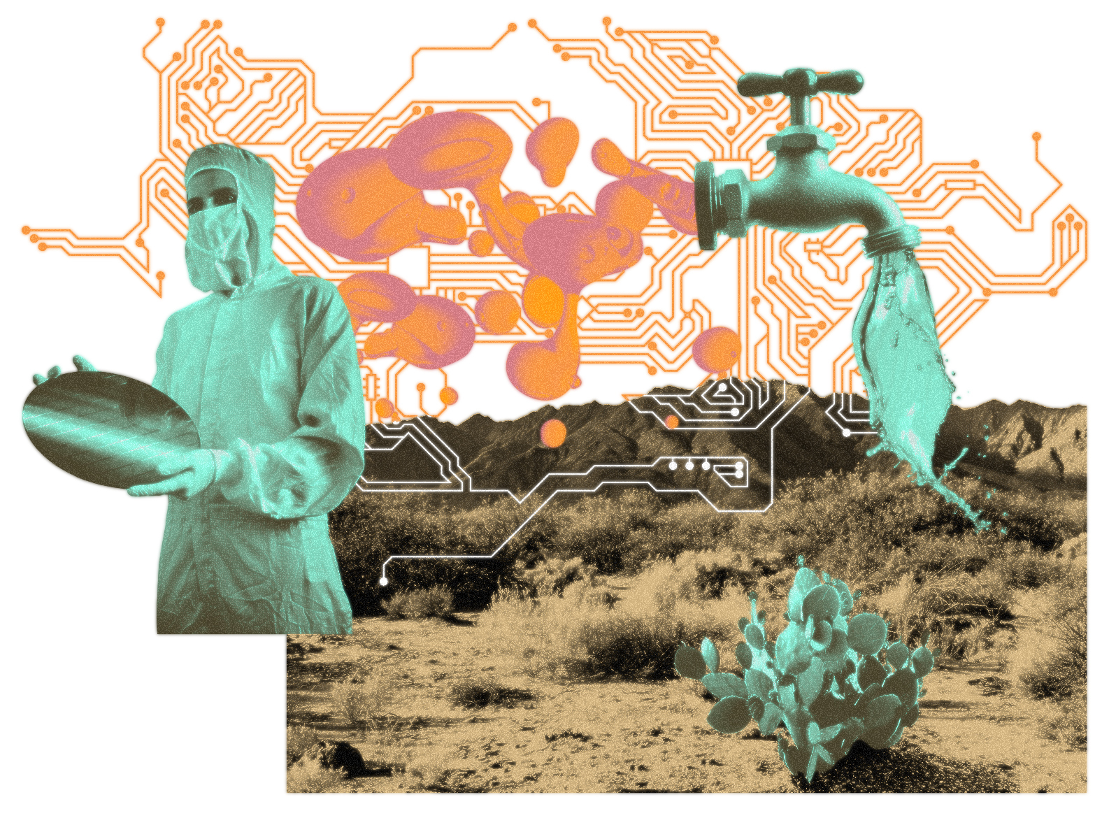 Art depicts a person wearing a personal protective equipment while holding a disc, and a water spout against a desert background.