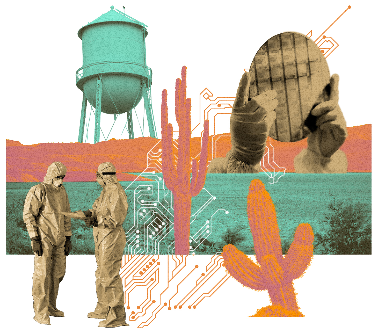 Art depicts a water tower, workers handling chips and wafers, and cacti against a desert background.