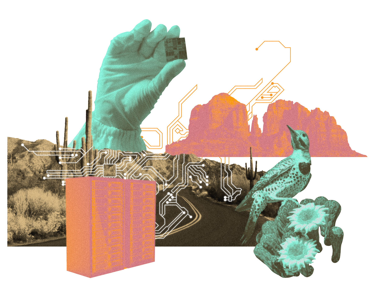 Art depicts desert rock formations, plants and a bird, a gloved hand holding a chip, and racks of servers.
