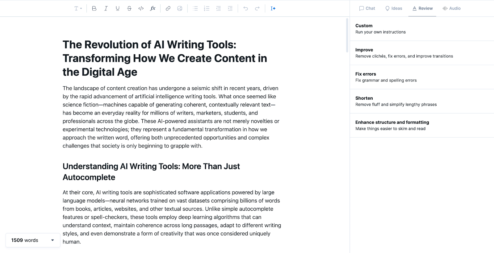 Screenshot of the Type AI writing tool showing a document titled “The Revolution of AI Writing Tools” with review options like “Improve,” “Fix errors,” and “Enhance structure” in the right-hand panel.