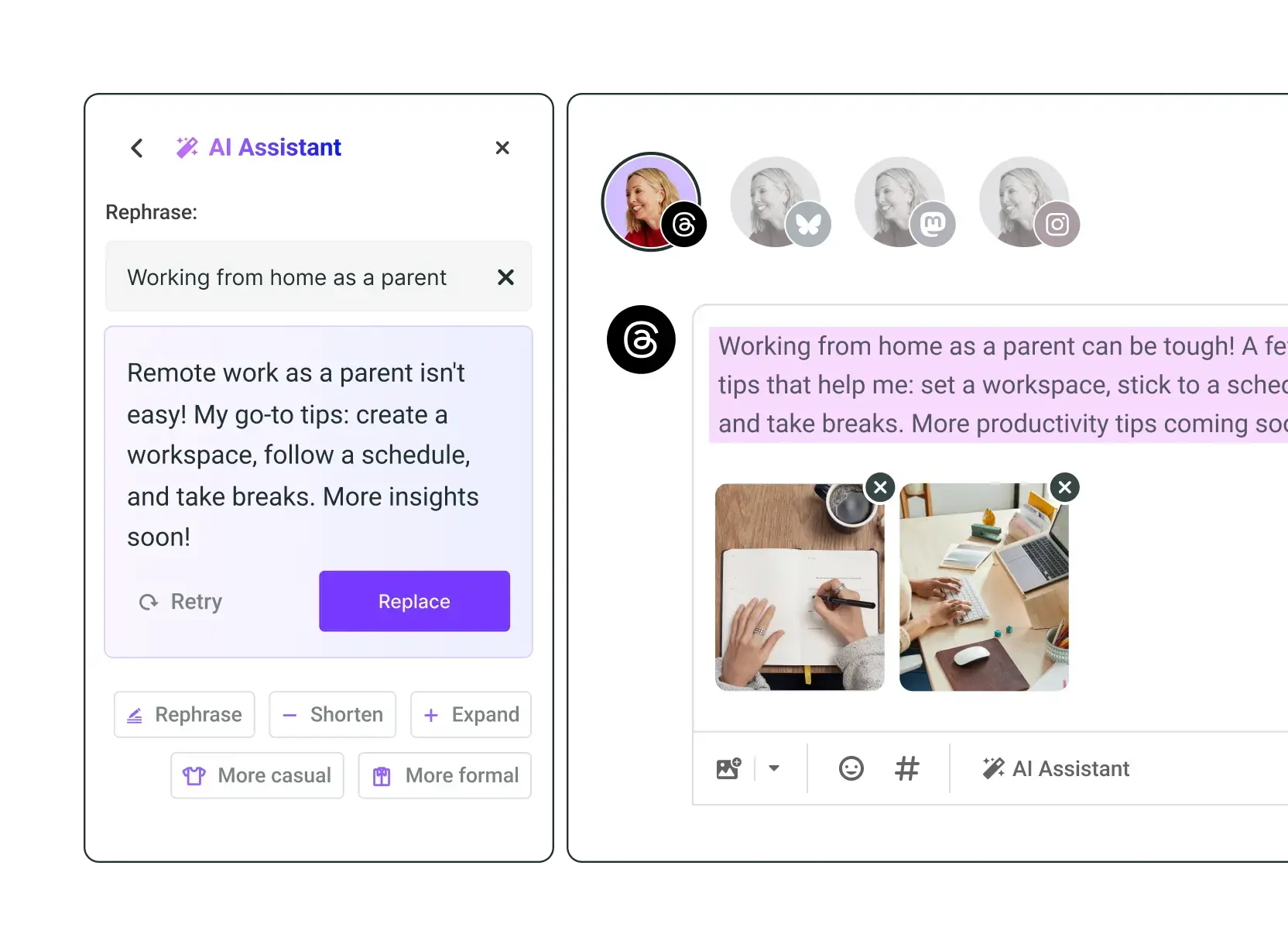 Buffer AI Assistant rephrasing a social media caption about working from home as a parent, with options to adjust tone and post directly to platforms like Threads and Instagram.