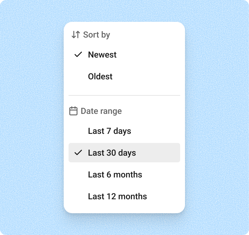 A Buffer Community filter menu showing options to sort comments by newest or oldest and view activity from the past 7, 30, 180, or 365 days.