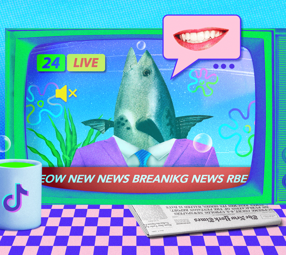 Animated image showing TV with moving shark wearing a suit