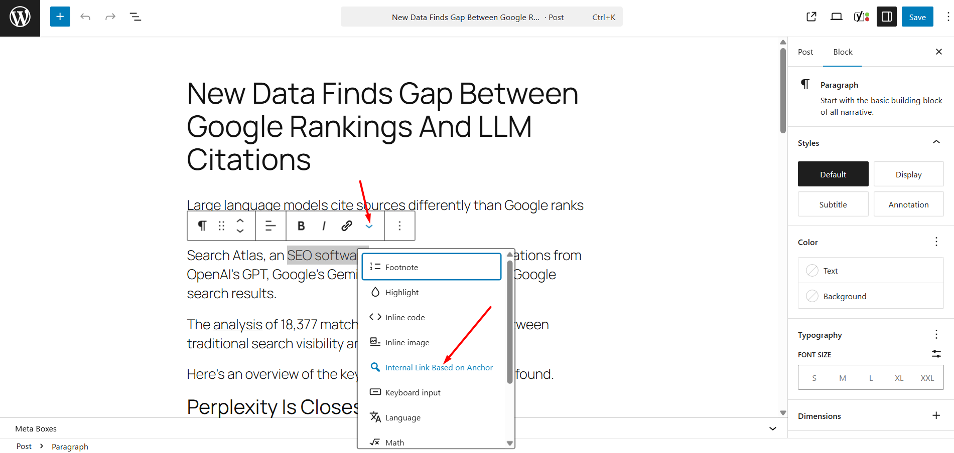 Internal linking on manually selected anchor phrase.