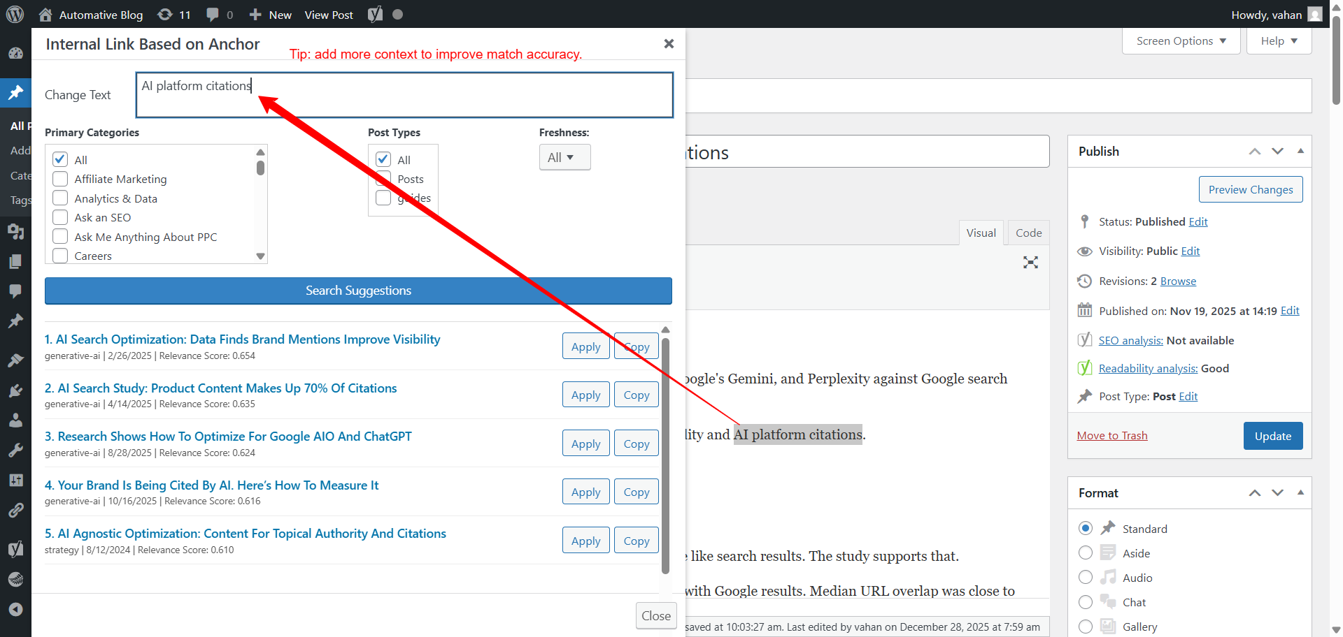 Internal Linking on User Selected Phrase
