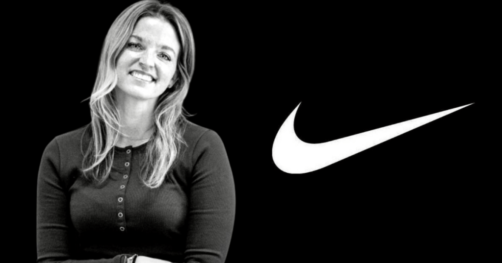 Nicole Nike's new CMO alongside an image of the Nike Swoosh