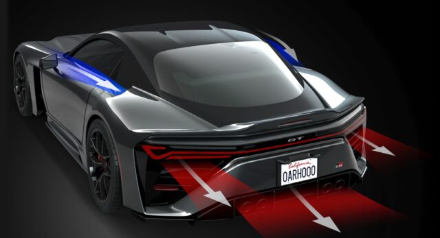 Toyota GR GT aerodynamics illustration, license plate says OARH000