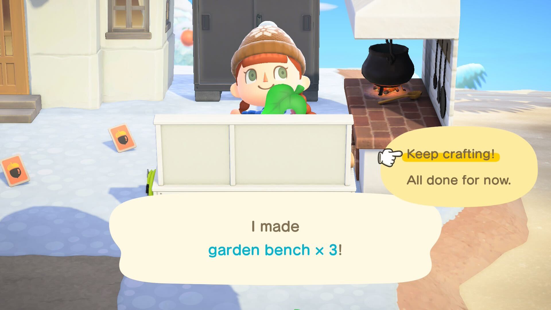 The player in Animal Crossing: New Horizons with a speech bubble that says “I made a garden bench x 3!”