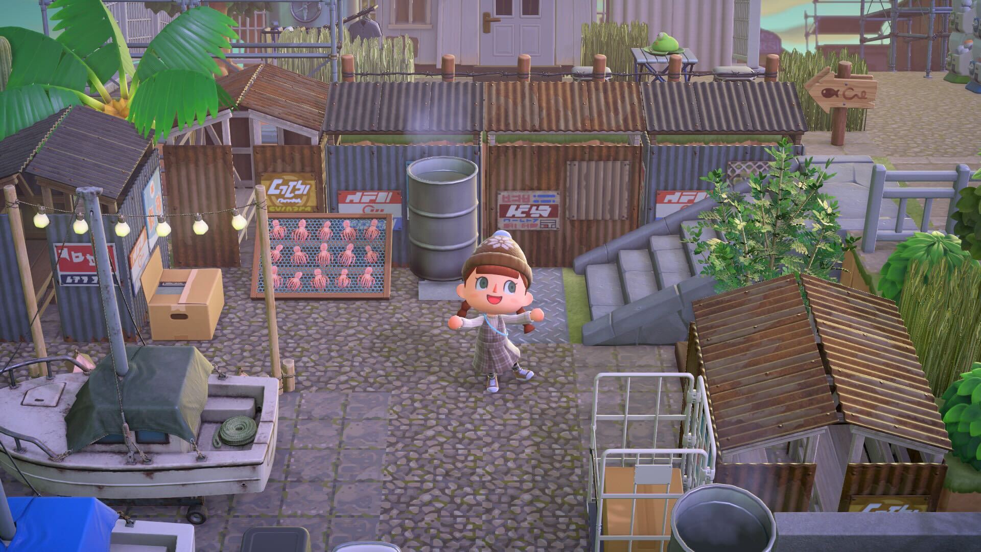An Animal Crossing player character posing in a fishing area on an island. It’s decorated to look old, dirty, and rusty, with lots of custom designs and a large amount of furniture items to complete the look.
