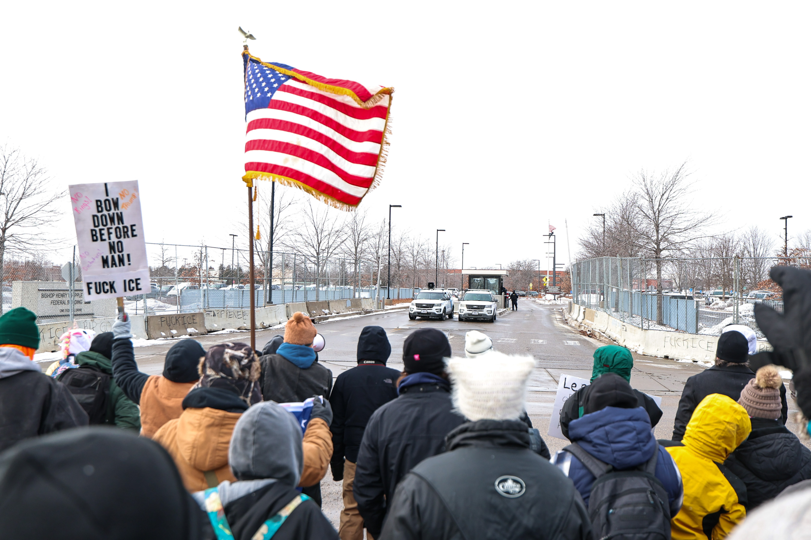 Demonstrators protest outside of the Whipple federal building on January 17, 2026 in Minneapolis, Minnesota. Protests have ramped up around the Minneapolis/St. Paul metro area following the fatal shooting of Renee Good by an immigration enforcement agent during an incident in south Minneapolis on January 7