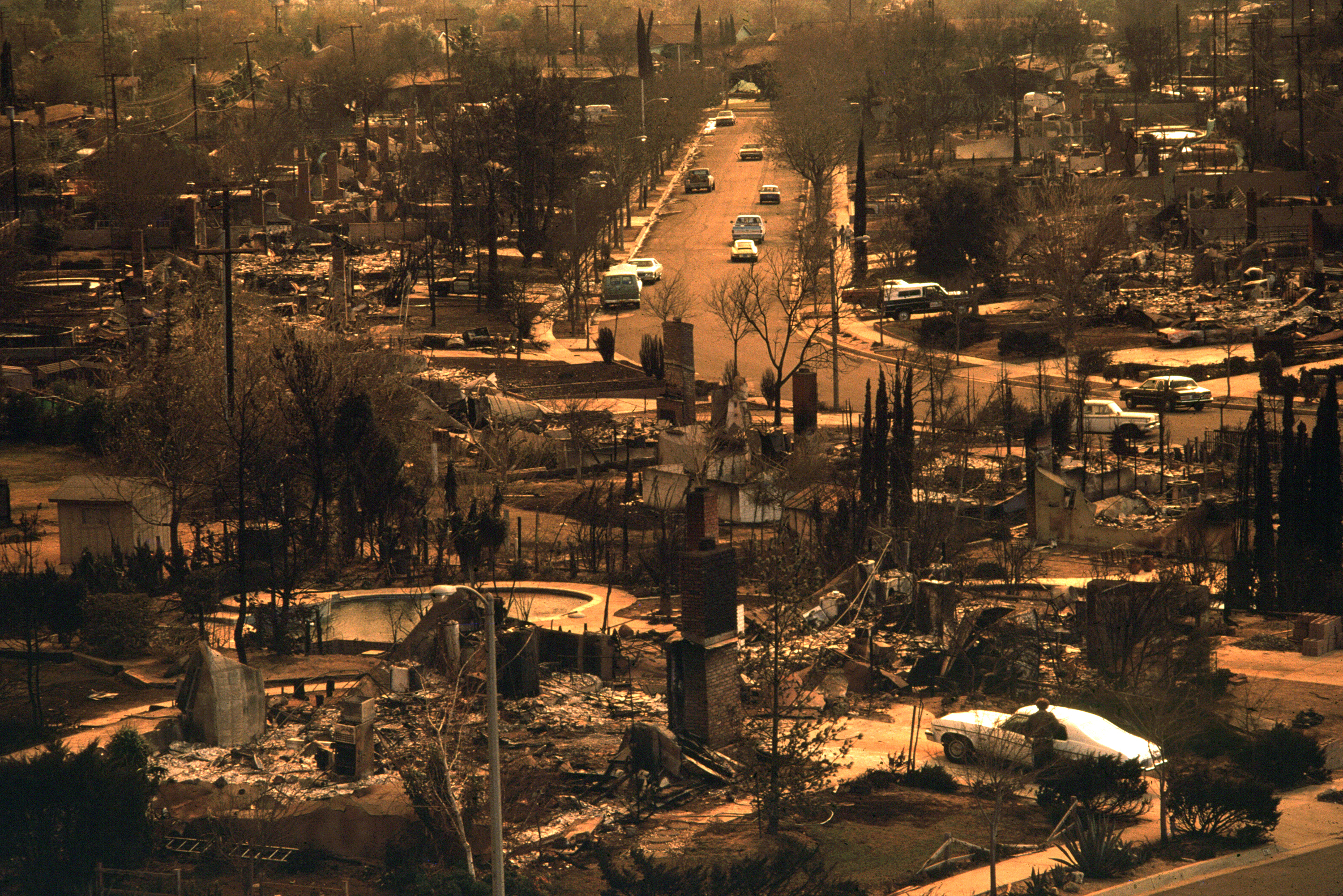 Debris left from homes that burned down in a neighborhood.