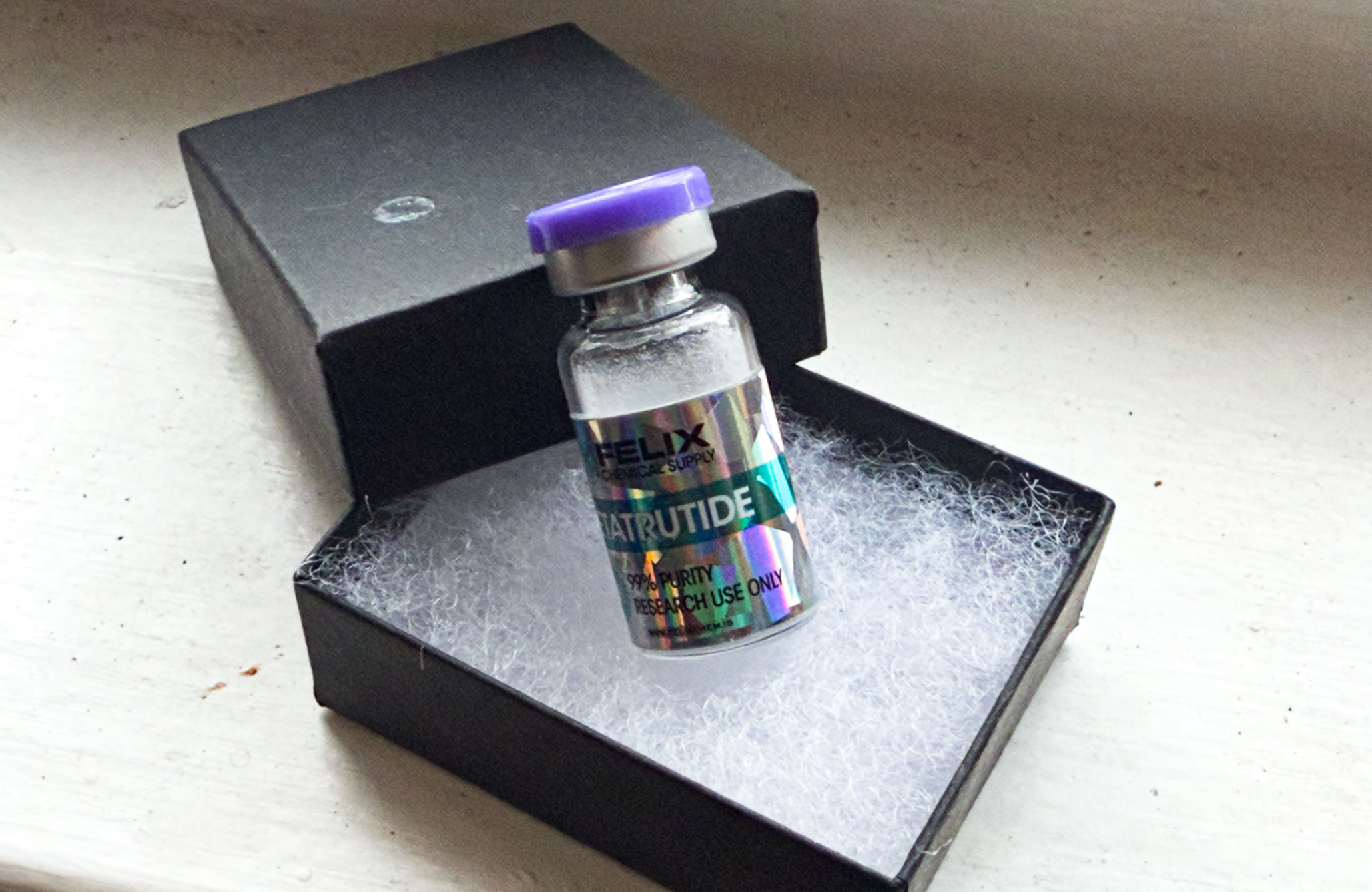 Close up of tiny box of Retatrutide obtained from gray market