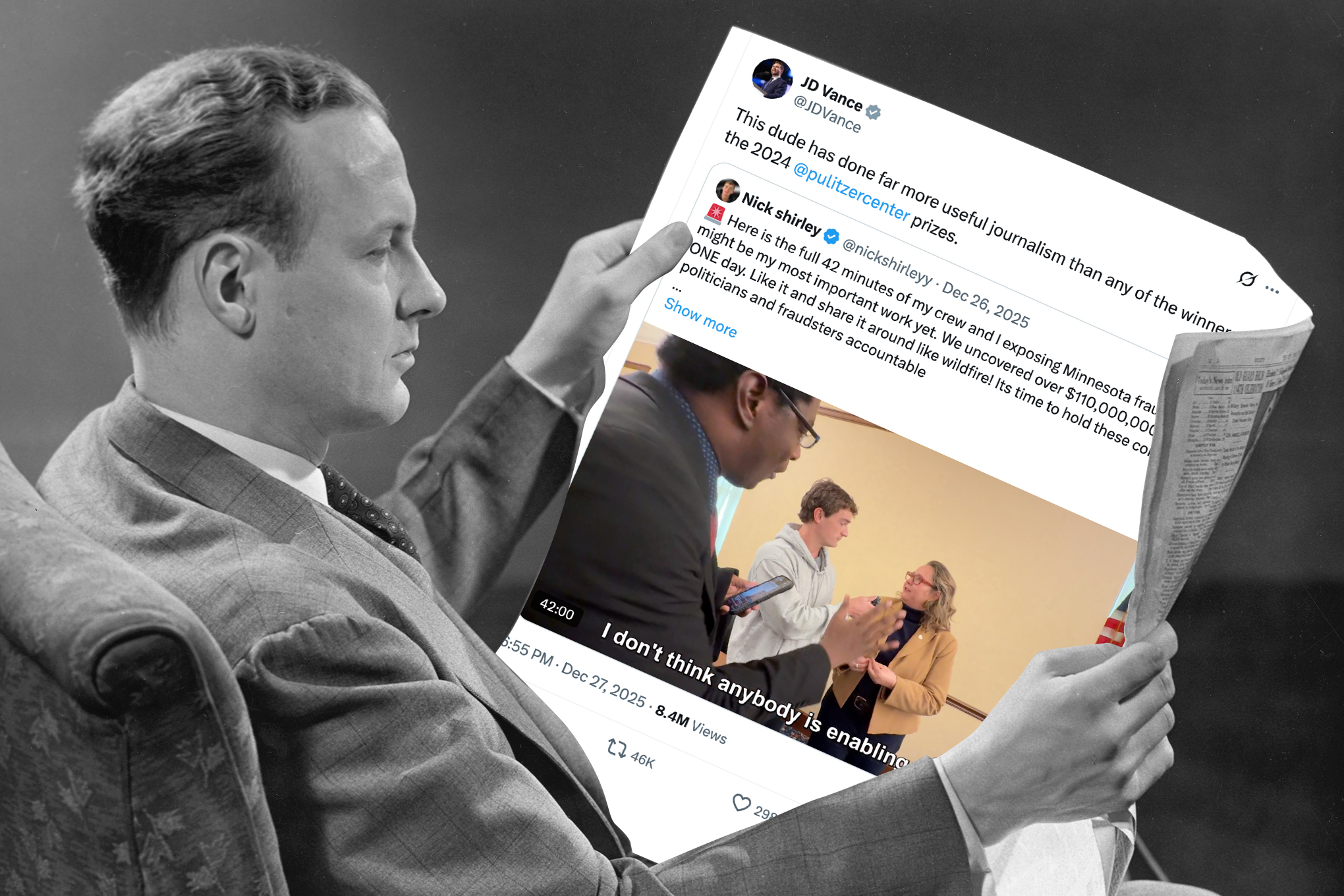 Black and white image of a man reading a newspaper. Inside the paper is an X post from JD Vance complimenting Nick Shirley.