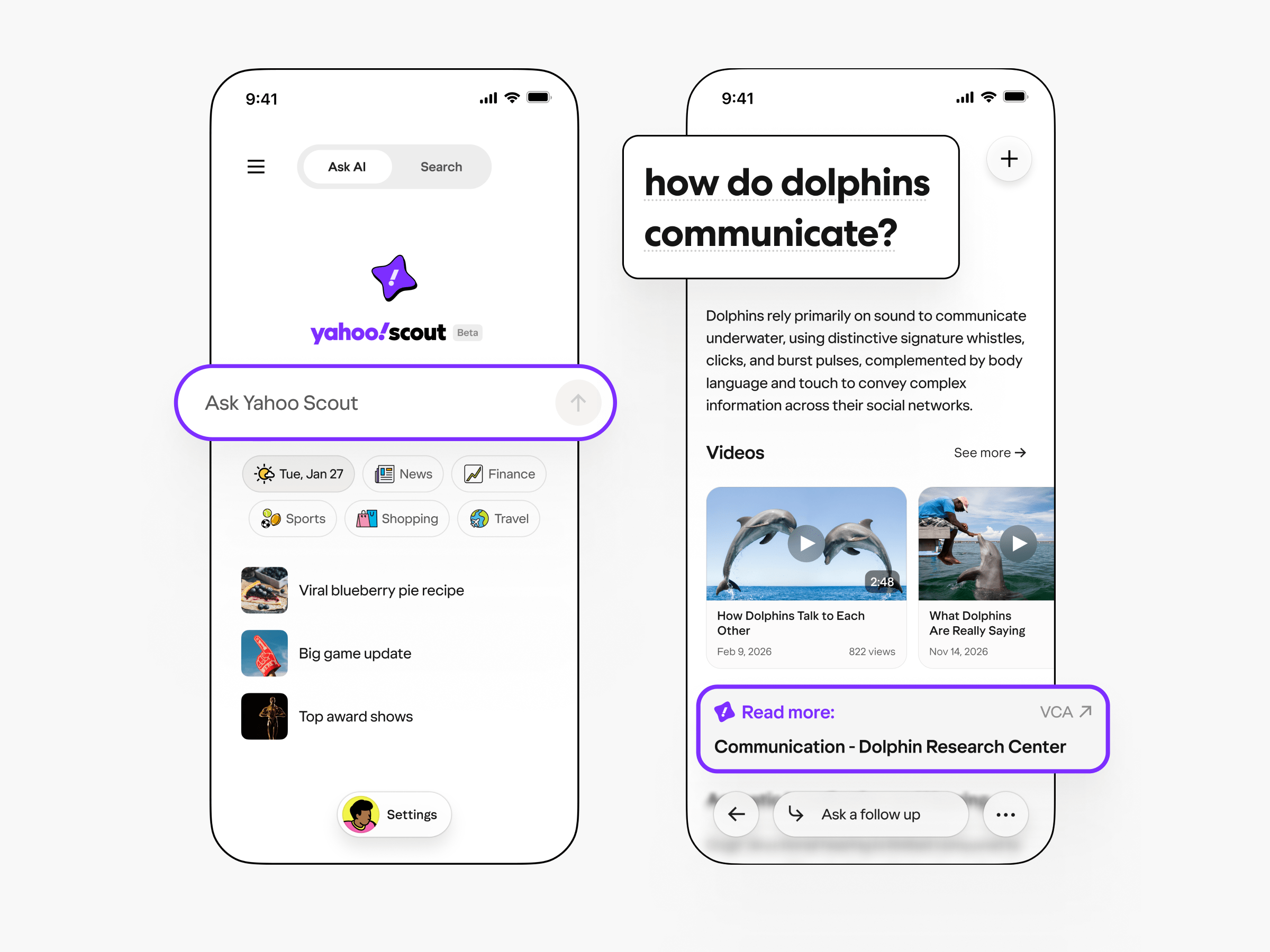 Two screenshots of Yahoo Scout in a mobile app.