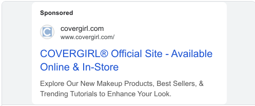 Sponsored COVERGIRL makeup ad with a headline promoting online and in‑store availability and text highlighting new products and tutorials.
