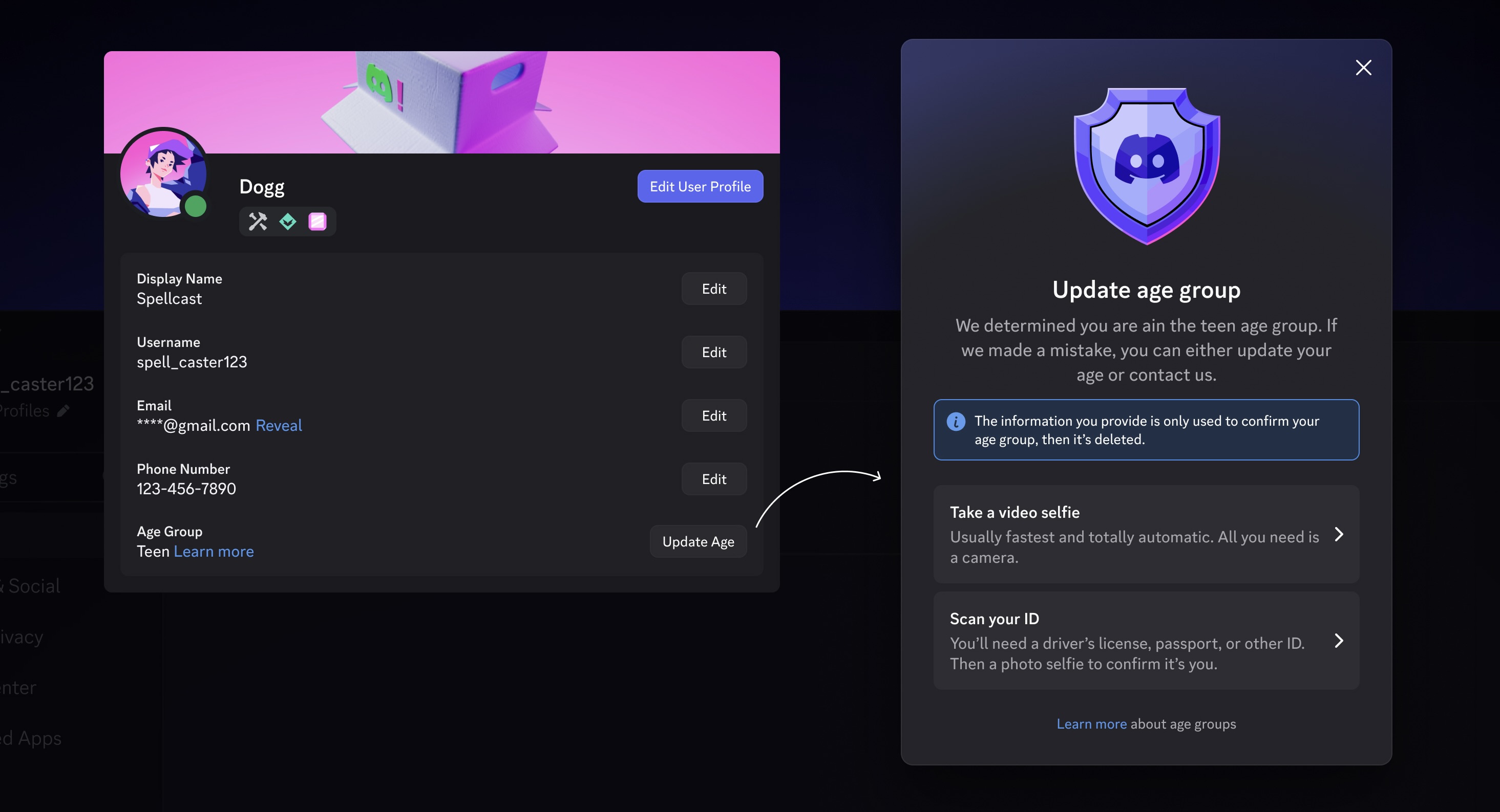 A Discord user profile showing a “teen” age group and age verification options