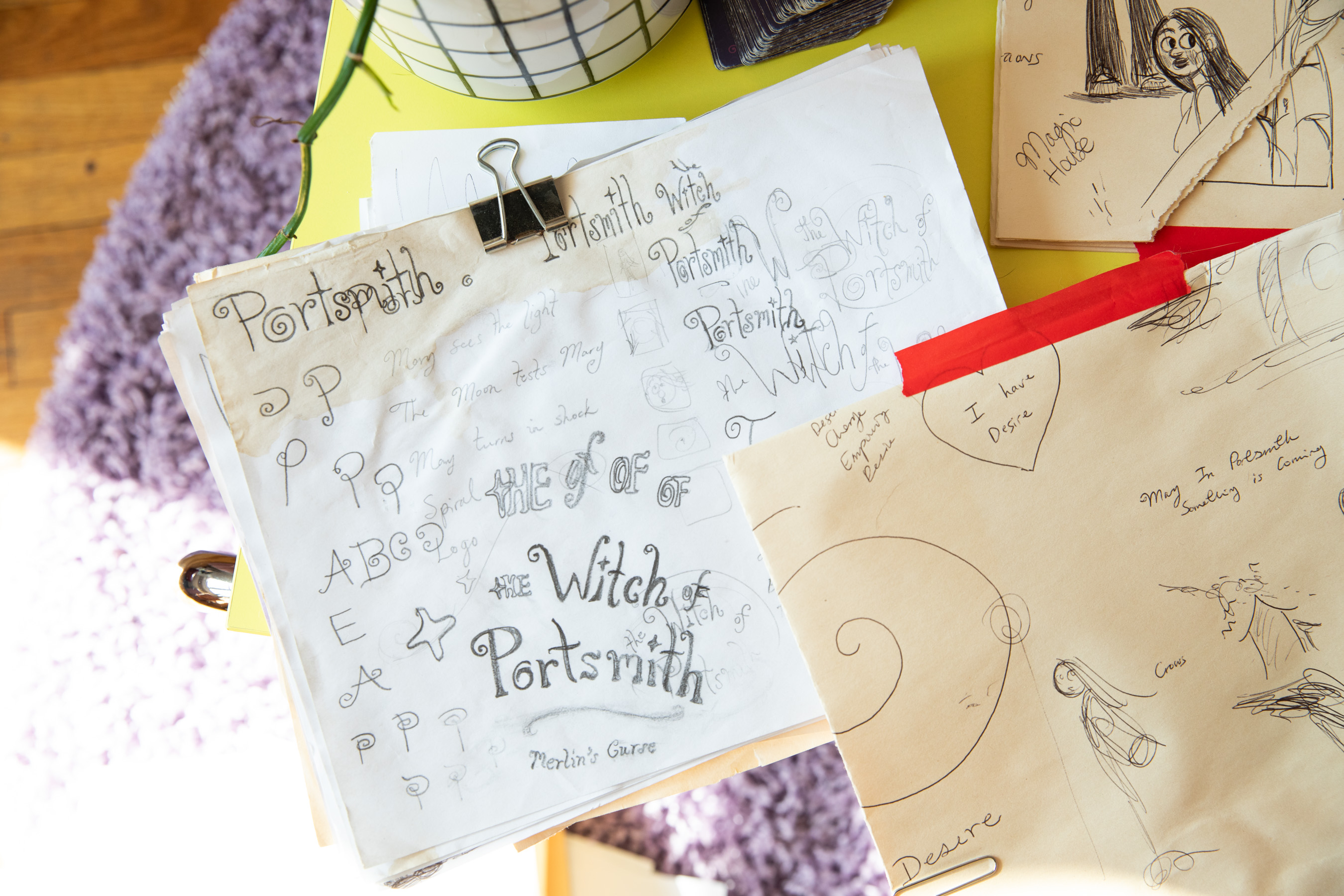 O’Donnell’s sketchbook page is open on a table.