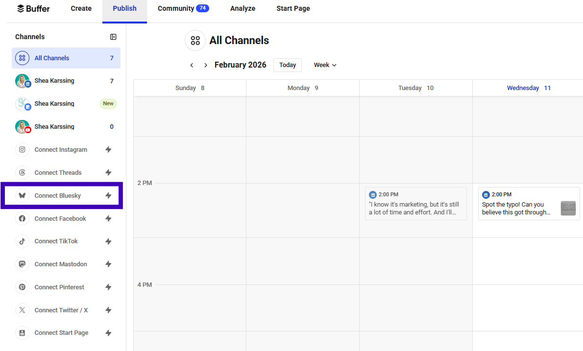 Buffer dashboard with Connect Bluesky option highlighted in the sidebar showing how to connect Bluesky to Buffer for scheduling posts.