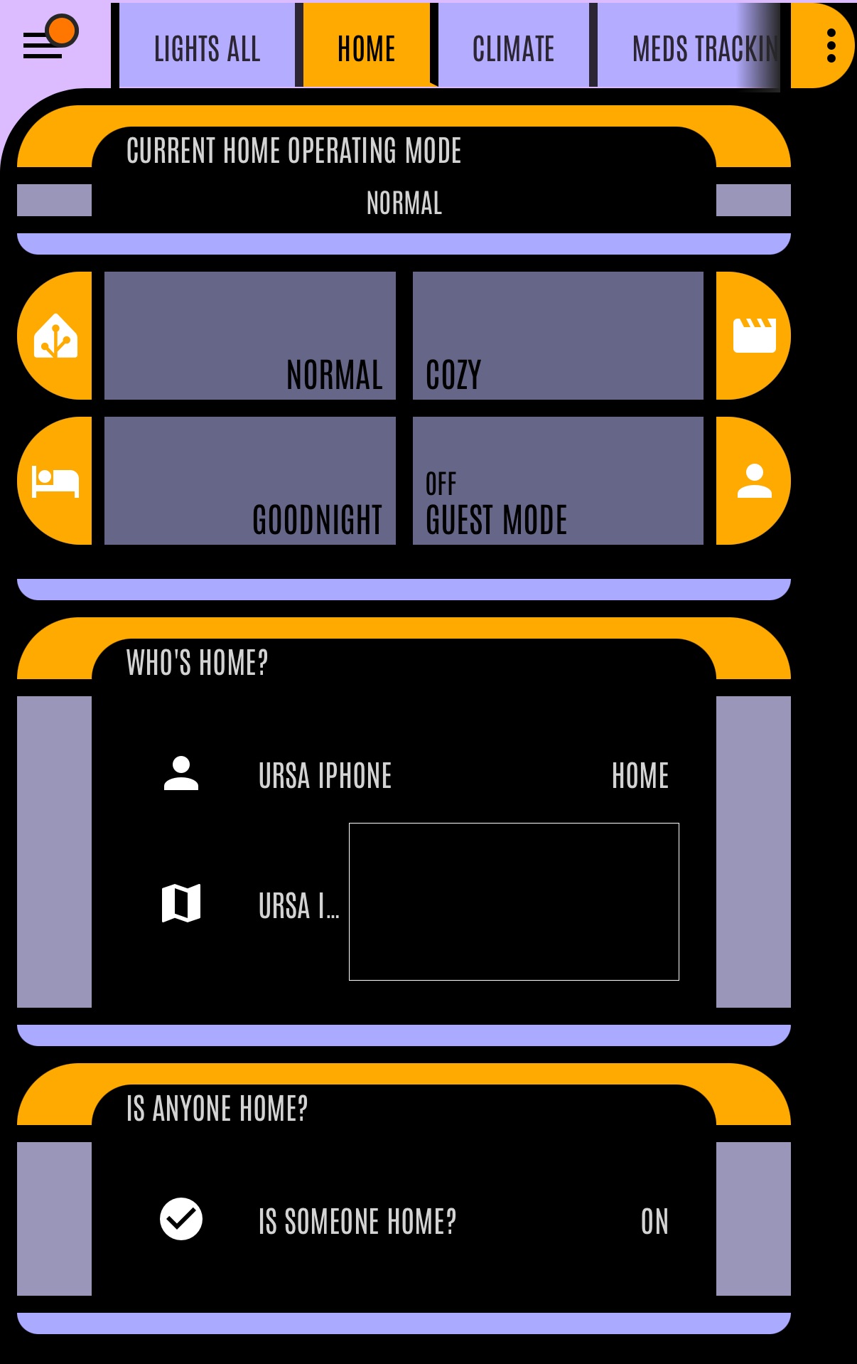 The my iPhone’s Home Assistant dashboard, using the LCARS community theme.