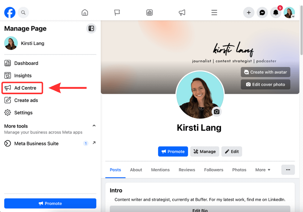 Facebook Page dashboard highlighting Ad Centre in the sidebar, showing steps for how to advertise on Facebook through page promotion and ad management tools.