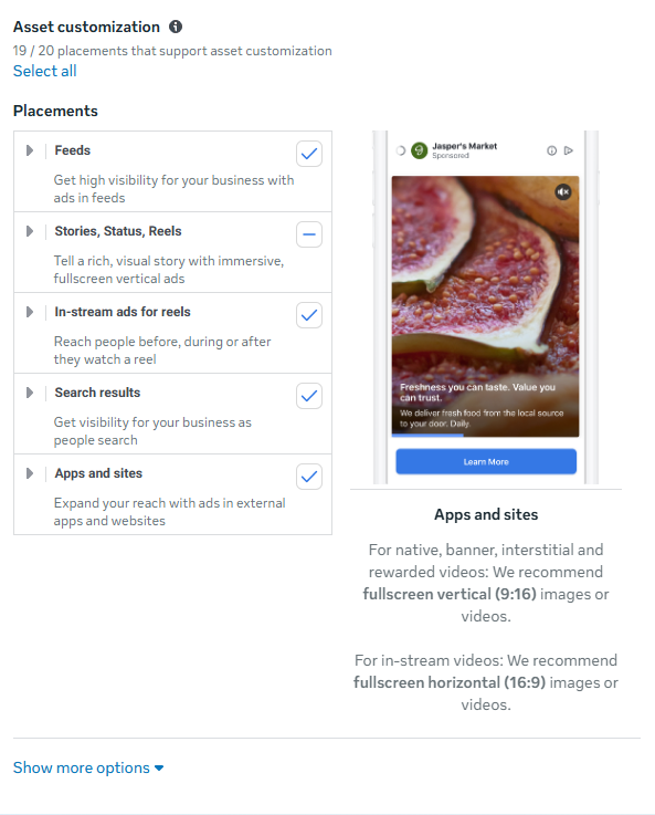 Meta Ads Manager asset customization and placements screen showing feeds, stories, reels, and apps settings for how to advertise on Facebook across multiple placements.