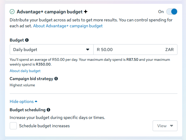Meta Ads Manager Advantage+ campaign budget settings showing daily budget, bid strategy, and scheduling options for how to advertise on Facebook efficiently.