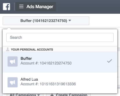 Facebook Ads Manager account dropdown showing ad accounts and campaign options, illustrating how to advertise on Facebook through business account settings.