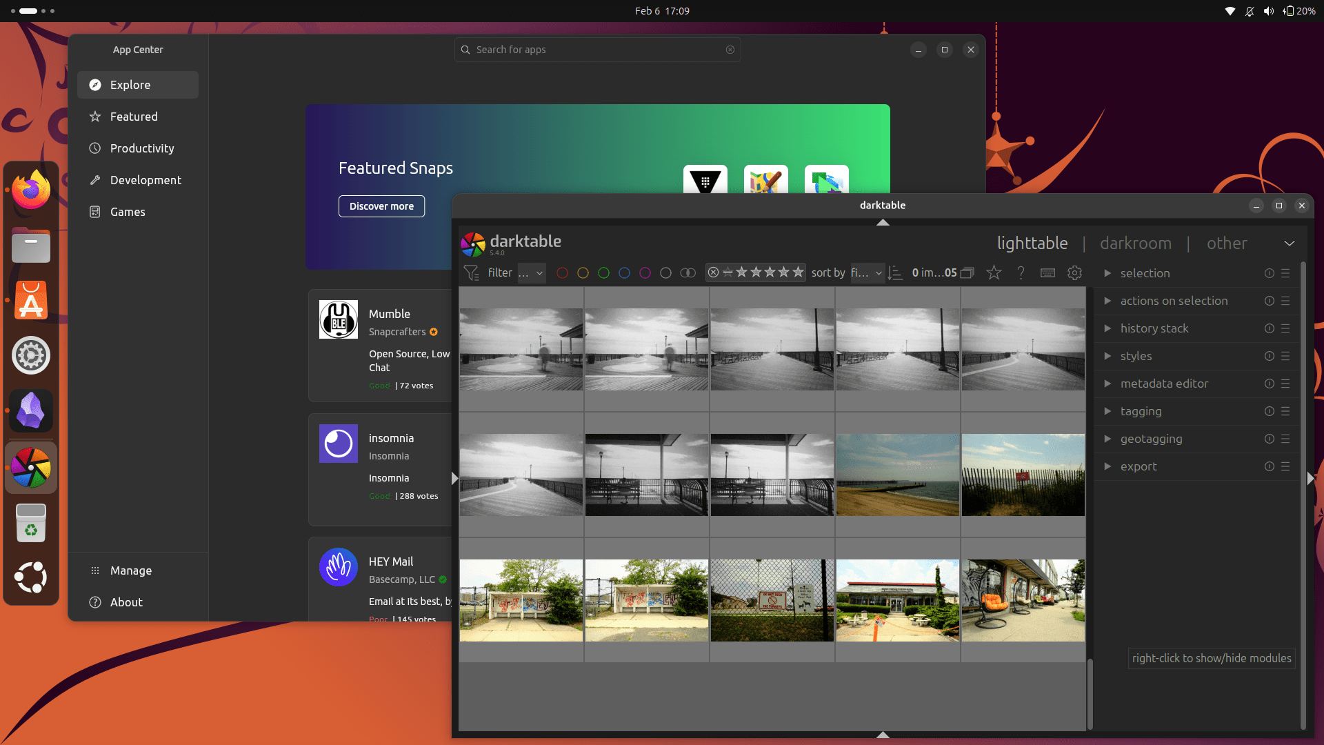 Darktable, a Linux-compatible Lightroom alternative, and the Ubuntu App Center running on the Ubuntu desktop.