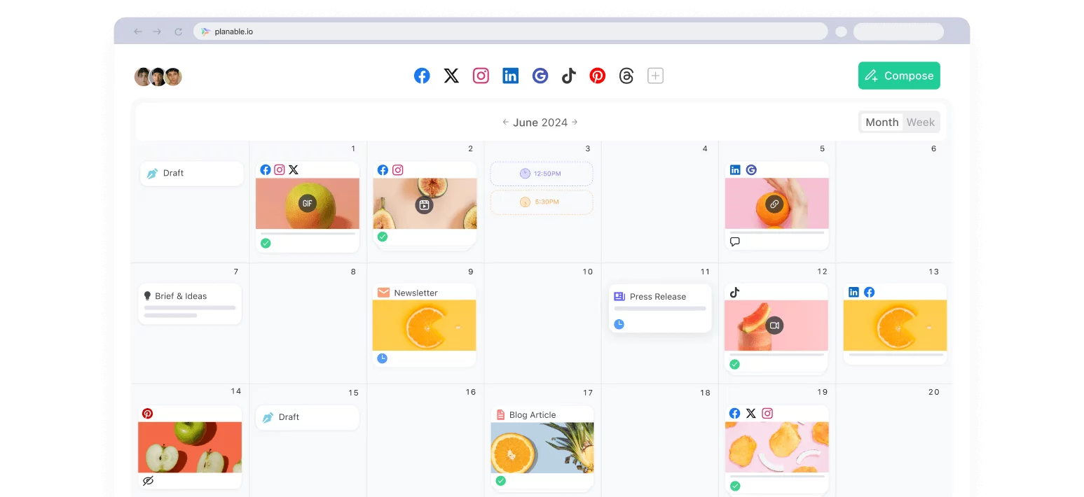 Planable content calendar interface with scheduled posts across social platforms, demonstrating how social media scheduling tools streamline planning, collaboration, and publishing workflows.
