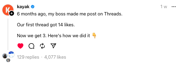 Threads post by Kayak describing growth from 14 likes to thousands, with high engagement replies, used as an example when discussing the best time to post on Threads.