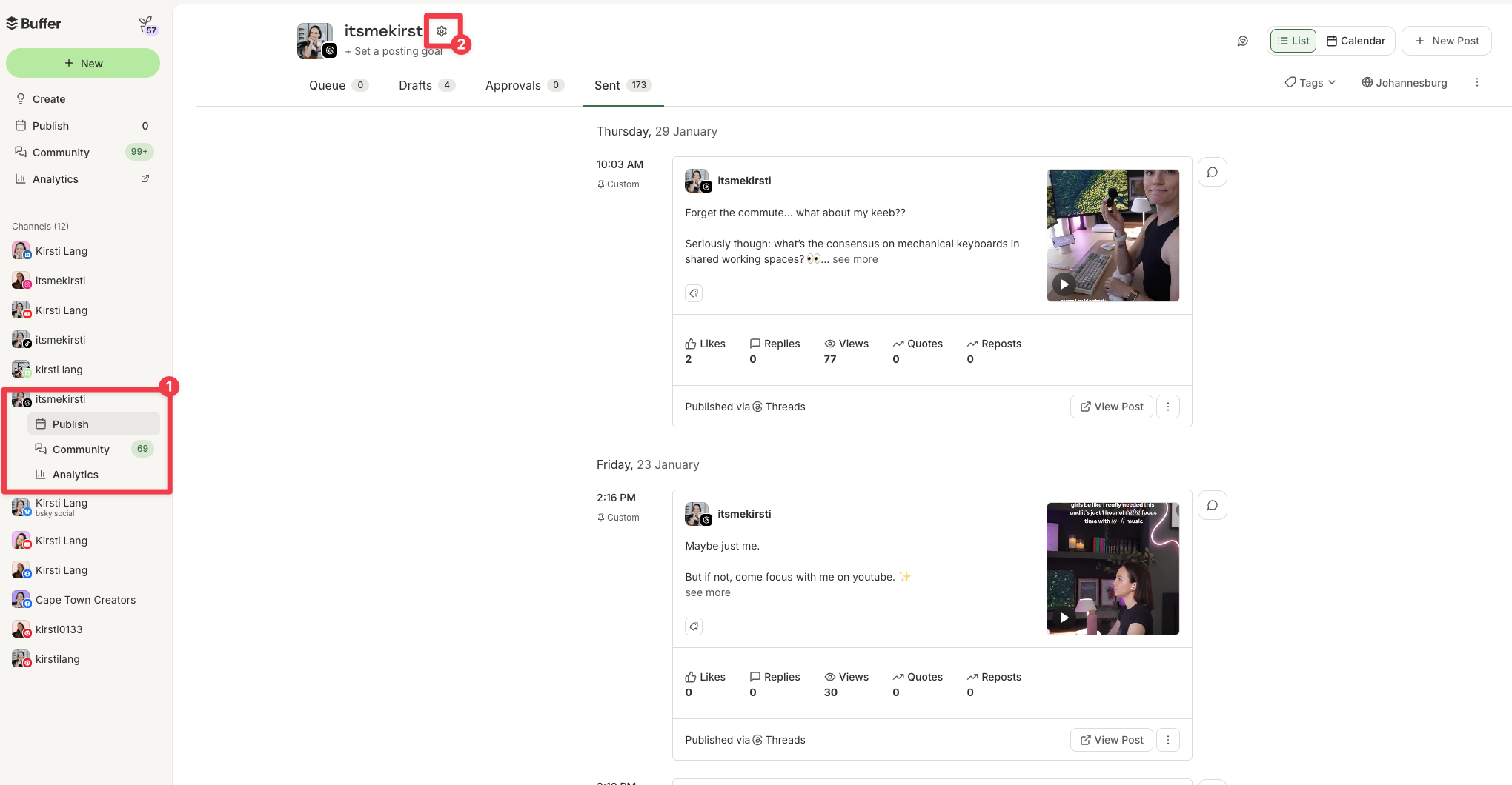 Buffer dashboard showing Threads channel publish view with sent posts, engagement metrics, and highlighted navigation, illustrating best time to post on Threads using scheduling insights.
