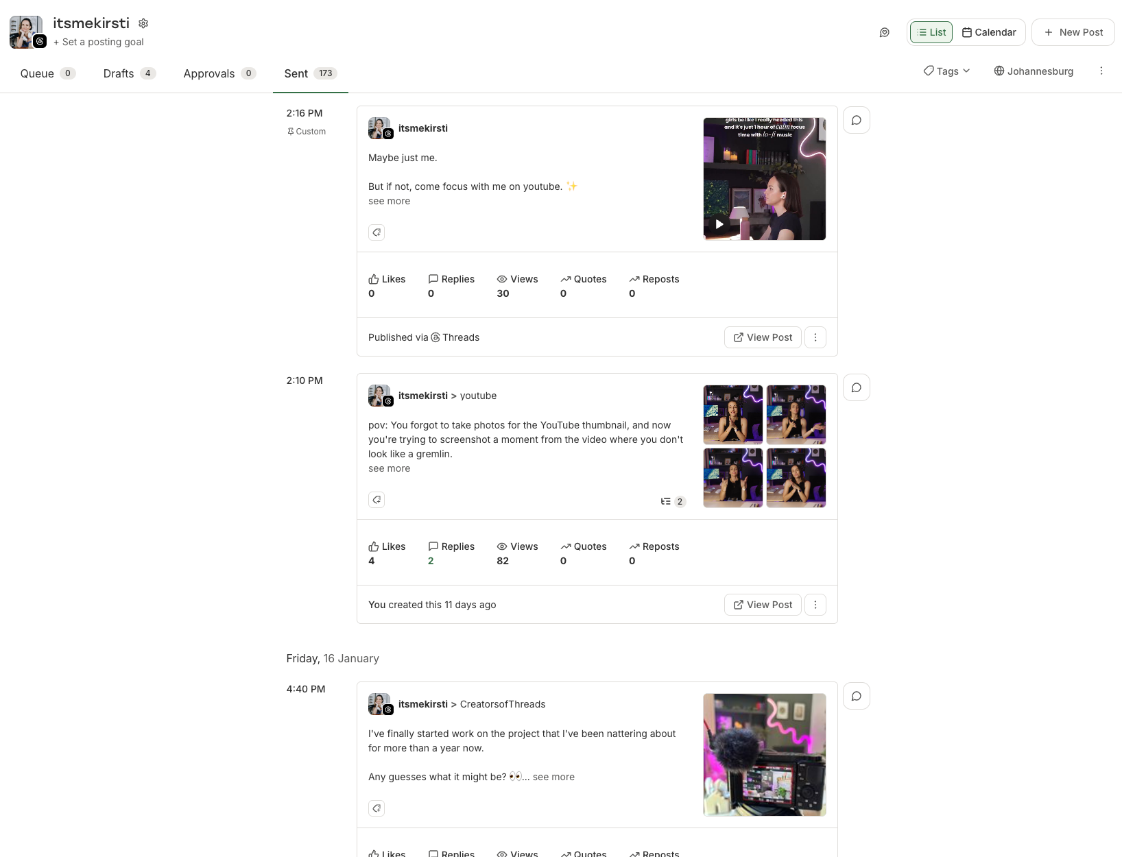 Buffer analytics dashboard showing sent Threads posts with timestamps, views, and engagement metrics, helping creators analyze performance and determine the best time to post on Threads.