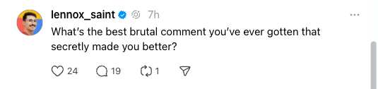 Threads post by lennox_saint asking about the most brutal comment that secretly helped you improve, shown as an example used when discussing the best time to post on Threads.