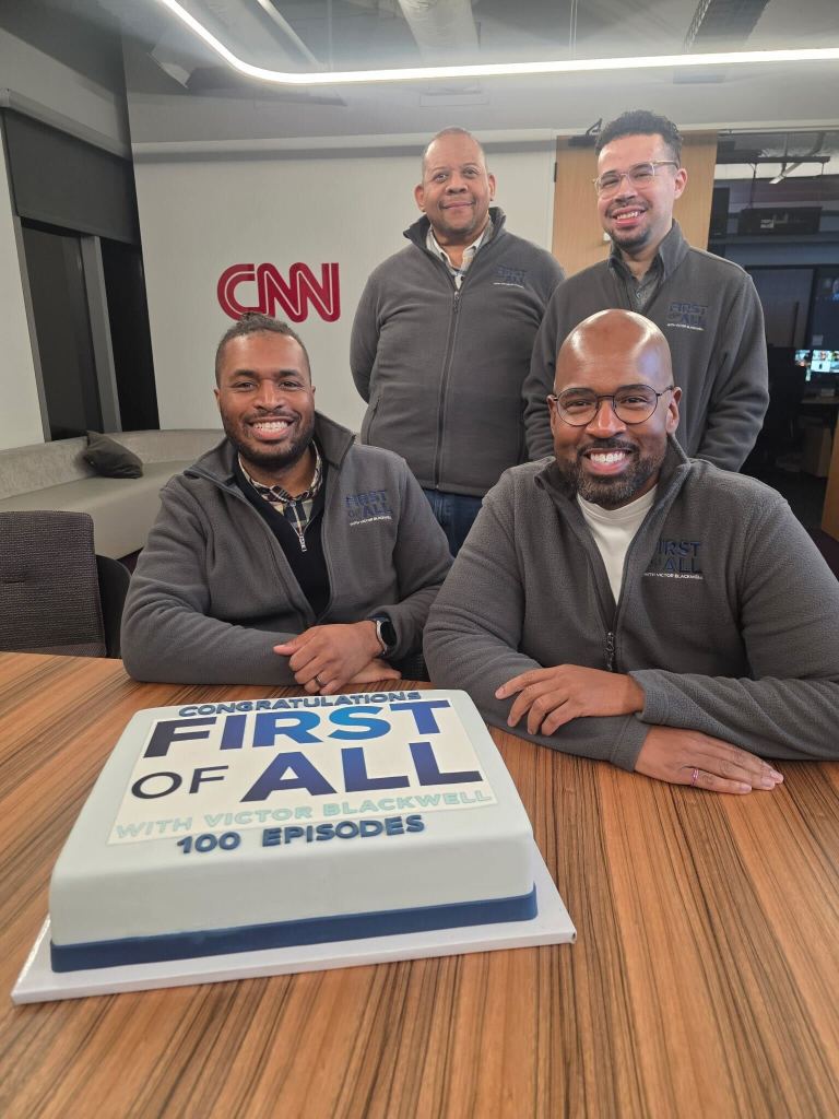 Image of the First of All team. From left to right: Seated Sidney Wright IV, EP, Victor Blackwell, Darian Billington, Editorial Producer, and Hyan de Freitas, Senior Producer. 
