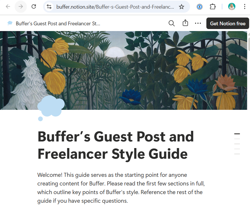 Notion page displaying content guidelines and documentation layout with visuals, used for organizing workflows in social media collaboration tools