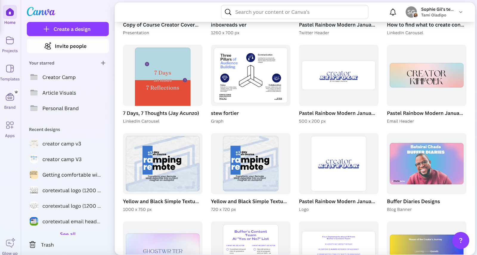 Canva dashboard displaying design templates, projects, and editing workspace for creating visual content with social media collaboration tools