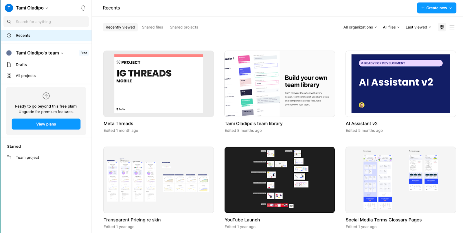 Figma dashboard showing recent design projects, team libraries, and collaborative workspace for creating and managing assets with social media collaboration tools