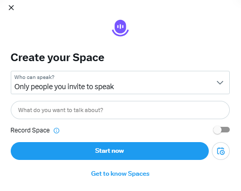 X Spaces setup screen showing the option to create a Space, choose who can speak, add a topic, enable recording, and start a live audio conversation.