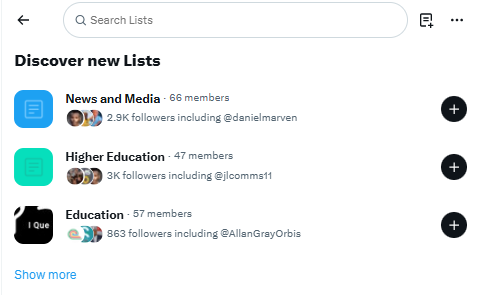 X Lists page showing the Discover new Lists section with topics like News and Media, Higher Education, and Education that users can follow on X.
