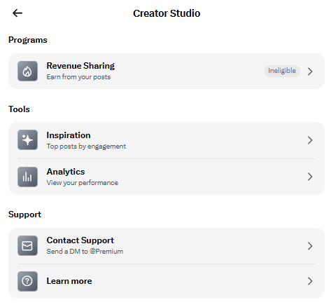 X Creator Studio dashboard showing tools like revenue sharing eligibility, inspiration for top posts by engagement, analytics performance insights, and creator support options.