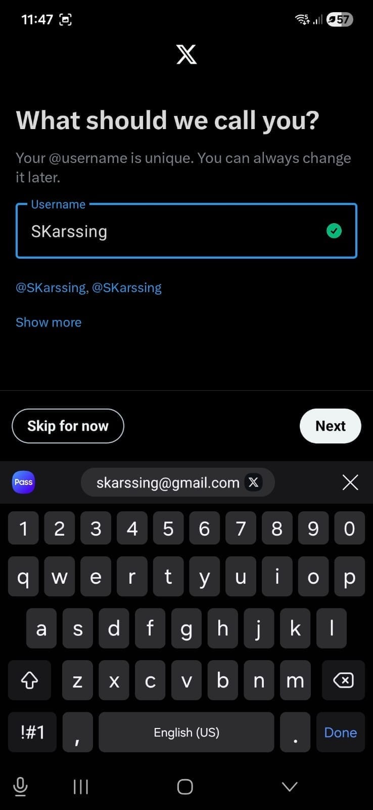 X account setup screen asking users to choose a unique username with availability check during the X (Twitter) sign-up process.