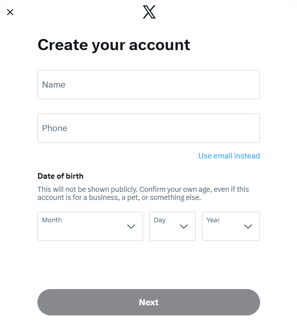 X sign-up screen showing the create your account form with fields for name, phone or email, and date of birth during the X (Twitter) account registration process.