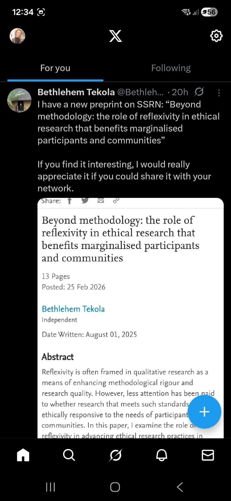 X mobile home feed showing the “For you” timeline with a tweet preview, navigation icons, and floating compose button to create a post on X.