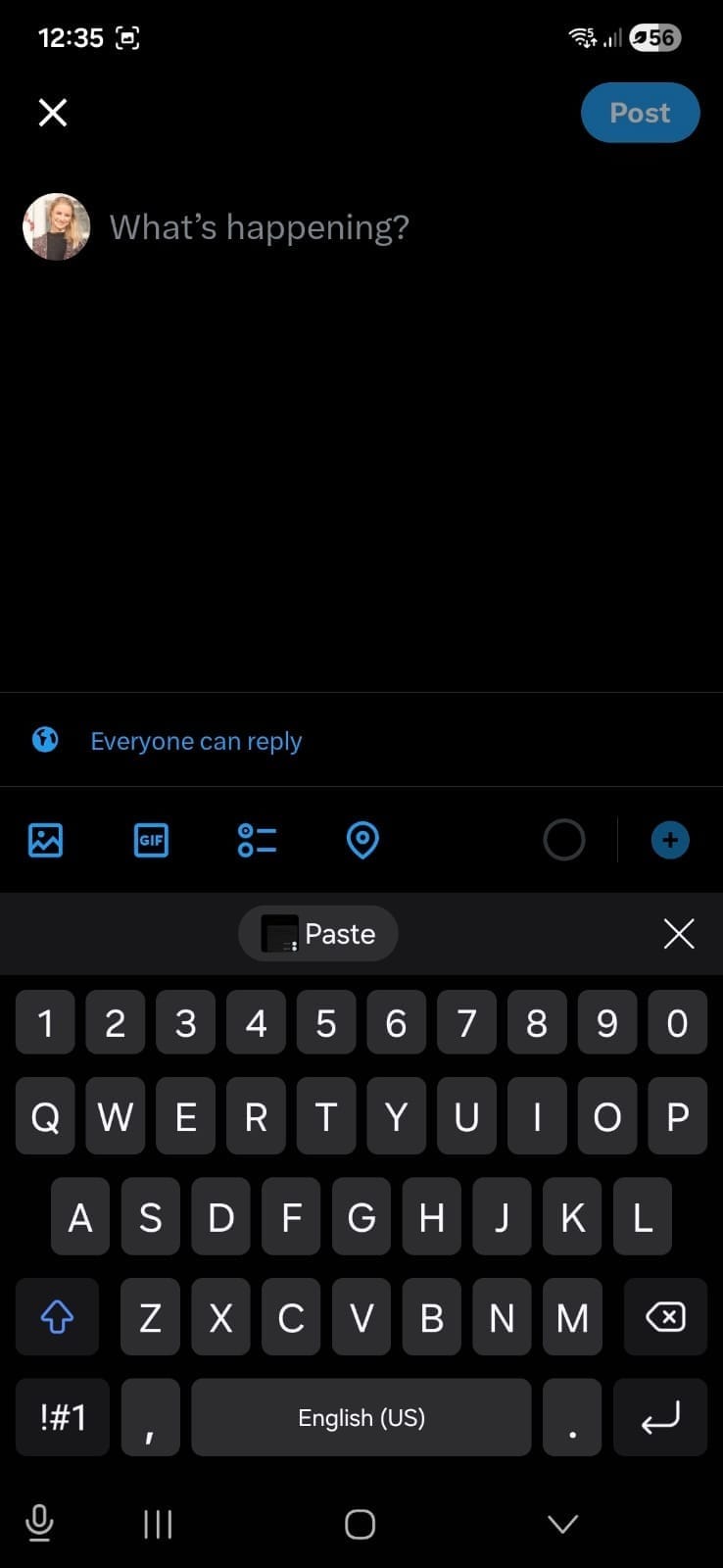 X mobile post composer screen with “What’s happening?” text field, keyboard open, media options, and the Post button to publish a tweet.
