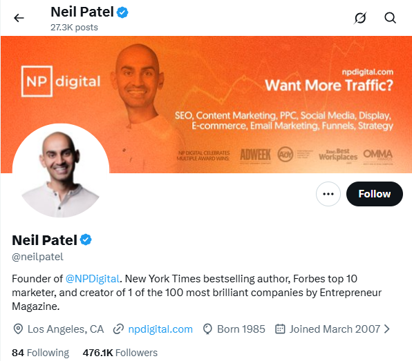 X (Twitter) profile page of digital marketing expert Neil Patel showing verified account, NP Digital banner, follower count, and profile information.