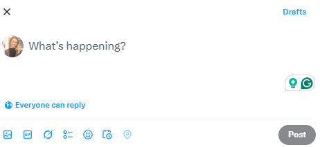 X (Twitter) post composer screen with “What’s happening?” text field, media and emoji options, and the Post button to publish a tweet.